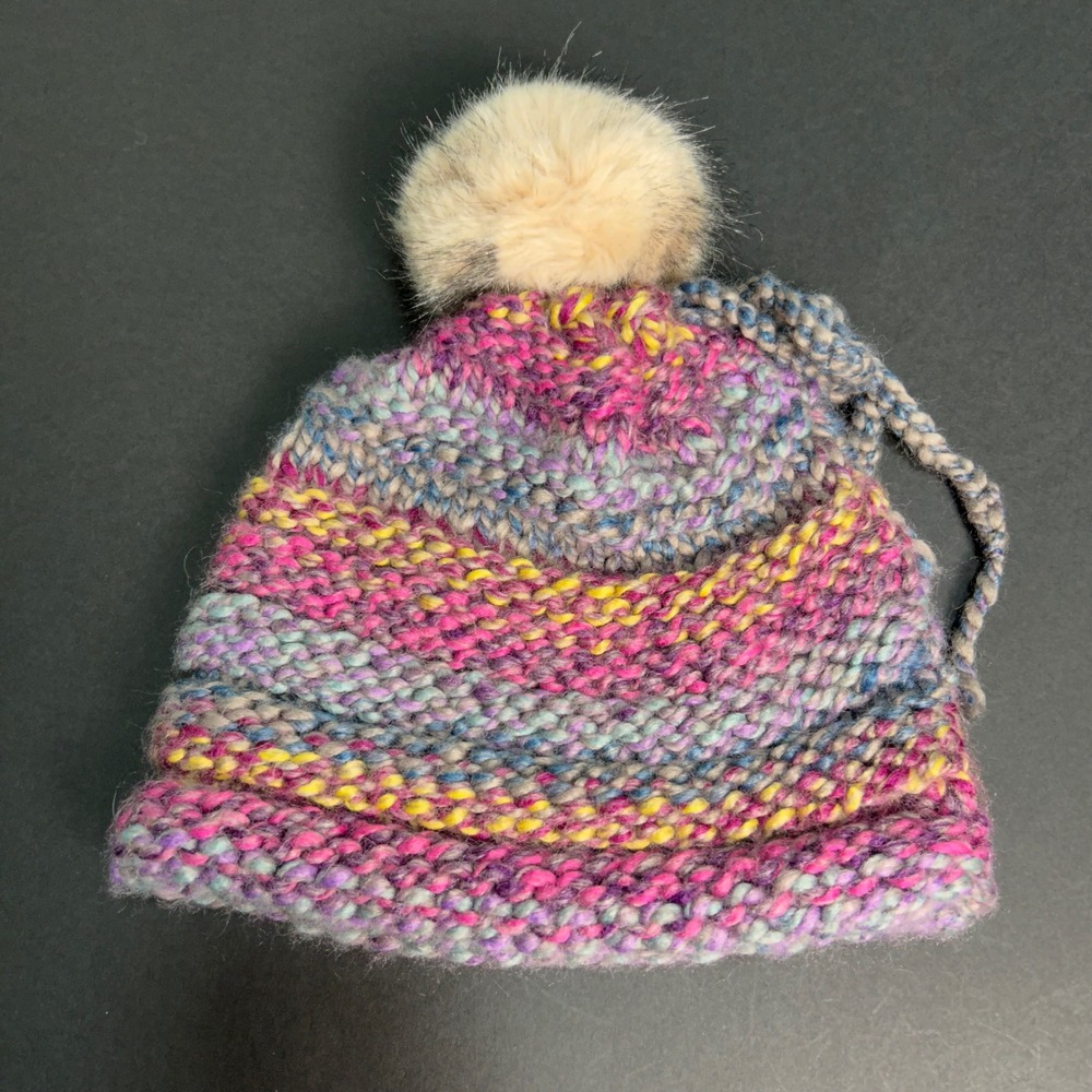 Hand Knit Beanie Hat with Pom Pom Multi Color Yarn Cozy Winter Warm‎